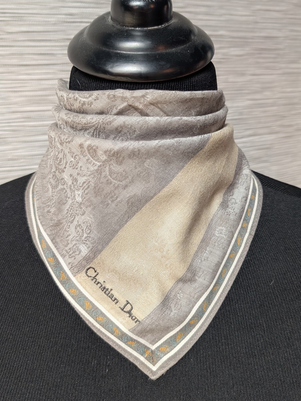 Christian Dior Scarf/Handkerchief Elegant Grey & Cream Embroidered